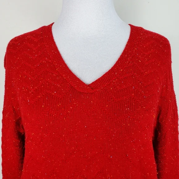 Lucky Brand Sweater Zig Zag Confetti Red Boho Speckled Spring Fall Quirky - Picture 3 of 10